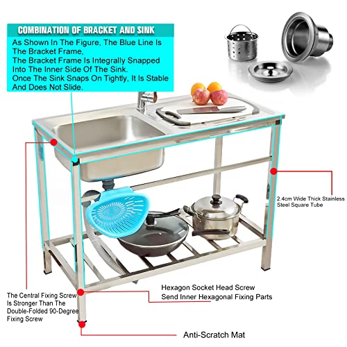 Stainless Steel Sink Kitchen Sink With Cold And Hot Faucet, 1 Compartment Commercial Kitchen Sink Dishpan For Sink (Restaurant, Kitchen, Laundry, Garage) (Size : 75x40x75cm/29.5x15.7x29.5in)