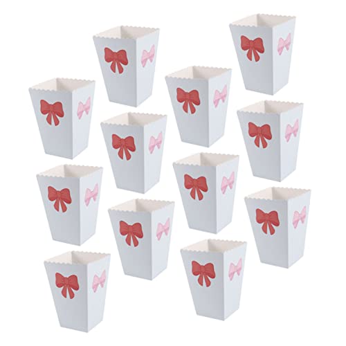 FELTECHELECTR 12pcs Popcorn Boxes Bow Popcorn Disposable Snack Containers Red Bows White Cardboard Sheets Theater Container Cup Popcorn Bucket Movie Theater Popcorn Boxes Popcorn Boxes for Party