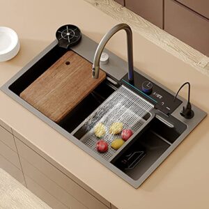 single bowl workstation kitchen sink stainless steel waterfall sink with multifunctional digital display faucet and sink accessories (color : black, size : 75x45cm)