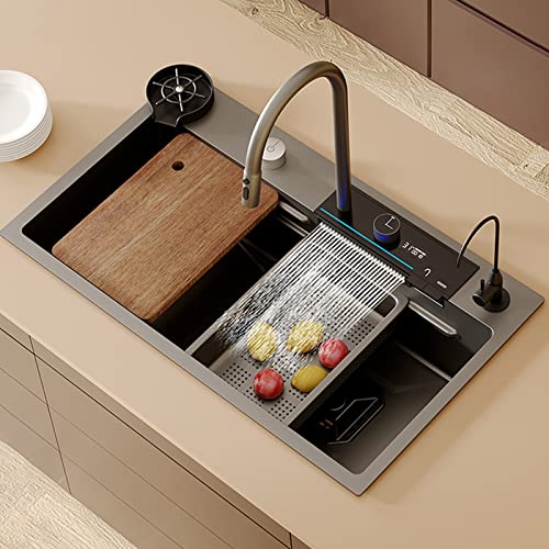 Single Bowl Workstation Kitchen Sink Stainless Steel Waterfall Sink With Multifunctional Digital Display Faucet And Sink Accessories (Color : Black, Size : 75x45cm)