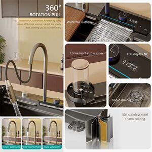 Single Bowl Workstation Kitchen Sink Stainless Steel Waterfall Sink With Multifunctional Digital Display Faucet And Sink Accessories (Color : Black, Size : 75x45cm)