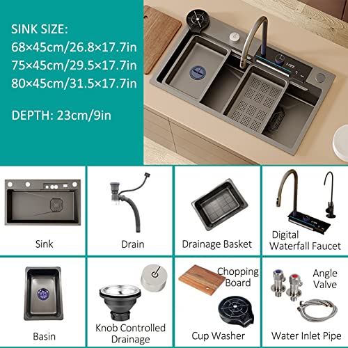 Single Bowl Workstation Kitchen Sink Stainless Steel Waterfall Sink With Multifunctional Digital Display Faucet And Sink Accessories (Color : Black, Size : 75x45cm)