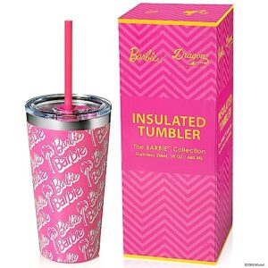 dragon glassware x barbie tumbler, stainless steel vacuum insulated travel tumbler, comes with lid, pink & clear straws, keeps drinks hot or cold, dishwasher safe, fits in cup holders, 16 oz capacity