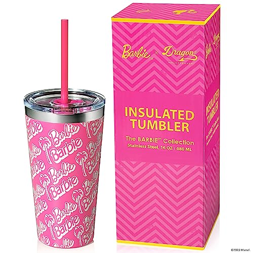 Dragon Glassware x Barbie Tumbler, Stainless Steel Vacuum Insulated Travel Tumbler, Comes with Lid, Pink & Clear Straws, Keeps Drinks Hot Or Cold, Dishwasher Safe, Fits in Cup Holders, 16 oz Capacity