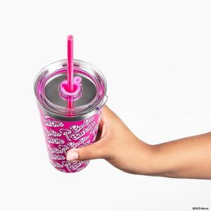 Dragon Glassware x Barbie Tumbler, Stainless Steel Vacuum Insulated Travel Tumbler, Comes with Lid, Pink & Clear Straws, Keeps Drinks Hot Or Cold, Dishwasher Safe, Fits in Cup Holders, 16 oz Capacity