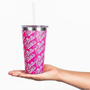 Dragon Glassware x Barbie Tumbler, Stainless Steel Vacuum Insulated Travel Tumbler, Comes with Lid, Pink & Clear Straws, Keeps Drinks Hot Or Cold, Dishwasher Safe, Fits in Cup Holders, 16 oz Capacity