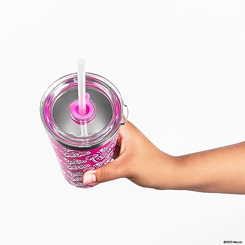 Dragon Glassware x Barbie Tumbler, Stainless Steel Vacuum Insulated Travel Tumbler, Comes with Lid, Pink & Clear Straws, Keeps Drinks Hot Or Cold, Dishwasher Safe, Fits in Cup Holders, 16 oz Capacity