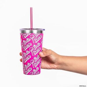 Dragon Glassware x Barbie Tumbler, Stainless Steel Vacuum Insulated Travel Tumbler, Comes with Lid, Pink & Clear Straws, Keeps Drinks Hot Or Cold, Dishwasher Safe, Fits in Cup Holders, 16 oz Capacity