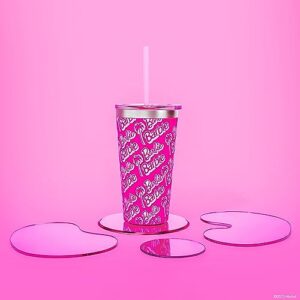 Dragon Glassware x Barbie Tumbler, Stainless Steel Vacuum Insulated Travel Tumbler, Comes with Lid, Pink & Clear Straws, Keeps Drinks Hot Or Cold, Dishwasher Safe, Fits in Cup Holders, 16 oz Capacity