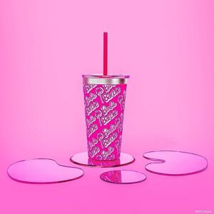 Dragon Glassware x Barbie Tumbler, Stainless Steel Vacuum Insulated Travel Tumbler, Comes with Lid, Pink & Clear Straws, Keeps Drinks Hot Or Cold, Dishwasher Safe, Fits in Cup Holders, 16 oz Capacity