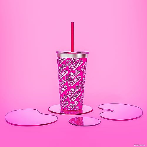 Dragon Glassware x Barbie Tumbler, Stainless Steel Vacuum Insulated Travel Tumbler, Comes with Lid, Pink & Clear Straws, Keeps Drinks Hot Or Cold, Dishwasher Safe, Fits in Cup Holders, 16 oz Capacity