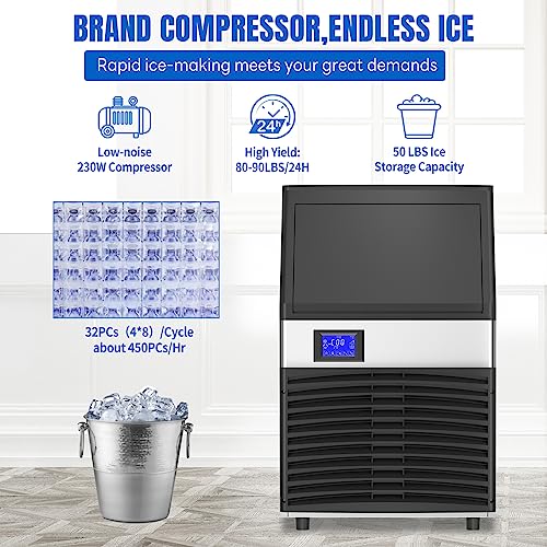 XPW Commercial 110V Ice Maker Machine - 450W 80-90LBS/24H with 40LBS Bin, Full Heavy Duty Stainless Steel Construction, Freestanding Automatic Clear Cube Ice Machine for Restaurant Home Bar