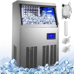 commercial ice maker machine with 33lb bin, electric water drain pump, water filter, scoops, connection hose - makes 90-100lbs/24h - stainless steel under counter ice machine for home bar