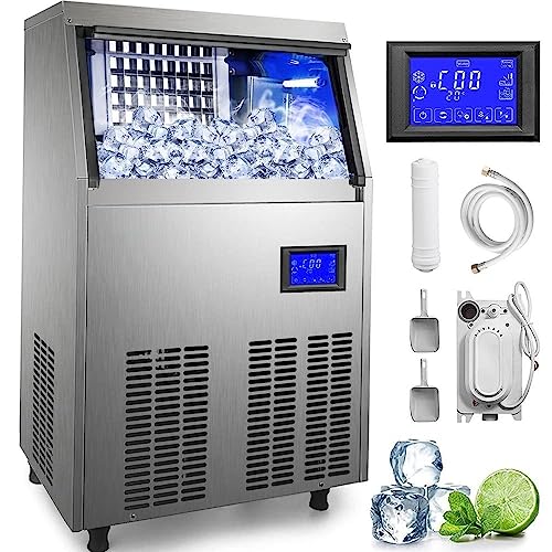Commercial Ice Maker Machine with 33LB Bin, Electric Water Drain Pump, Water Filter, Scoops, Connection Hose - Makes 90-100LBS/24H - Stainless Steel Under Counter Ice Machine for Home Bar
