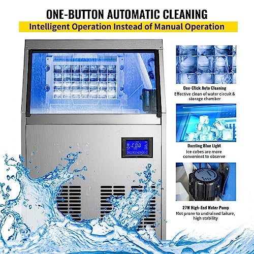 Commercial Ice Maker Machine with 33LB Bin, Electric Water Drain Pump, Water Filter, Scoops, Connection Hose - Makes 90-100LBS/24H - Stainless Steel Under Counter Ice Machine for Home Bar