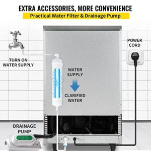 Commercial Ice Maker Machine with 33LB Bin, Electric Water Drain Pump, Water Filter, Scoops, Connection Hose - Makes 90-100LBS/24H - Stainless Steel Under Counter Ice Machine for Home Bar