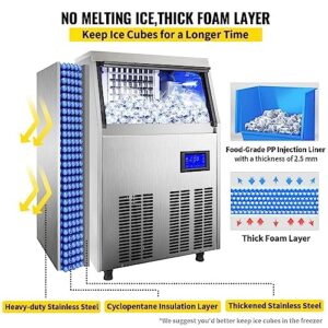 Commercial Ice Maker Machine with 33LB Bin, Electric Water Drain Pump, Water Filter, Scoops, Connection Hose - Makes 90-100LBS/24H - Stainless Steel Under Counter Ice Machine for Home Bar