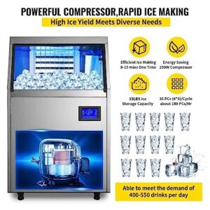 Commercial Ice Maker Machine with 33LB Bin, Electric Water Drain Pump, Water Filter, Scoops, Connection Hose - Makes 90-100LBS/24H - Stainless Steel Under Counter Ice Machine for Home Bar