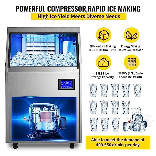 Commercial Ice Maker Machine with 33LB Bin, Electric Water Drain Pump, Water Filter, Scoops, Connection Hose - Makes 90-100LBS/24H - Stainless Steel Under Counter Ice Machine for Home Bar