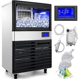 commercial stainless steel ice maker machine with 110lbs/24h capacity, 39lbs bin, electric water drain pump, water filter, 2 scoops, and connection hose - auto operation for home, bar, restaurant
