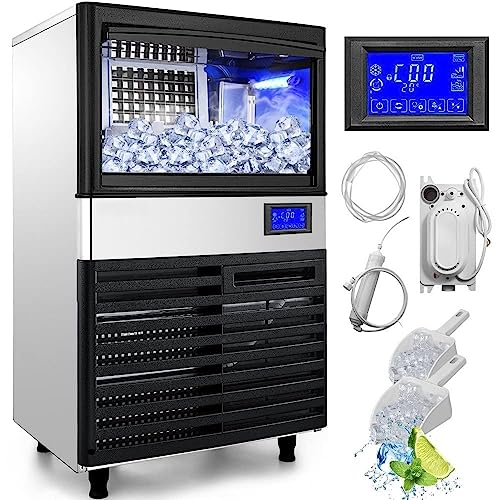 Commercial Stainless Steel Ice Maker Machine with 110LBS/24H Capacity, 39LBS Bin, Electric Water Drain Pump, Water Filter, 2 Scoops, and Connection Hose - Auto Operation for Home, Bar, Restaurant