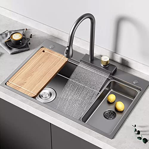 Gray Kitchen Sink Stainless Steel Sink With Waterfall Faucet Gray Sink Single Bowl Sink Thickened Stainless Steel Side Drain (Size : 75x46x20CM)