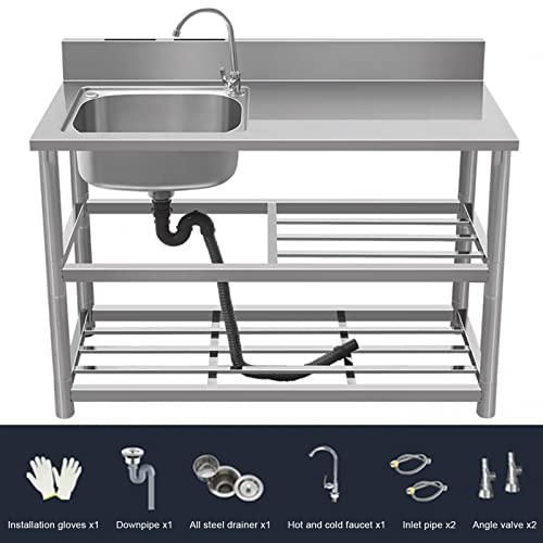 Stainless Steel Kitchen Sink Catering Sink Single Bowl Compartment Workbench Sink with Workbench and Storage Shelves with Faucet for Garage Commercial Restaurant Kitchen Laundry Room. (Color : Hot an