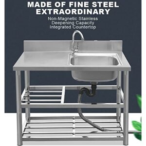 Stainless Steel Kitchen Sink Catering Sink Single Bowl Compartment Workbench Sink with Workbench and Storage Shelves with Faucet for Garage Commercial Restaurant Kitchen Laundry Room. (Color : Hot an