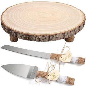 POMINEL Wood Cake Stand with Cake Cutting Set Wooden Cake Stands Rustic Wedding Cake Stand Wood Slice Cake Stand for Dessert Table, Plant Display for Family Gartering, Wedding Receptions