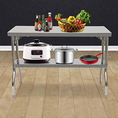 2 Layers Folding Catering Prep Table Commercial Worktable Workstation Stainless Steel Prep Work Table for Restaurants Kitchen Garages Canteens,1100lbs Loading