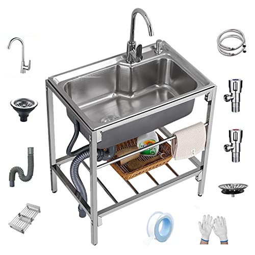 Stainless Steel Sink, 68 * 44cm Standing Kitchen Sink, Portable Handwashing Station with Hot and Cold Faucet Load-bearing 150kg Wash Basin for Laundry Backyard Garage Laundry