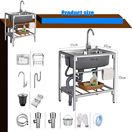 Stainless Steel Sink, 68 * 44cm Standing Kitchen Sink, Portable Handwashing Station with Hot and Cold Faucet Load-bearing 150kg Wash Basin for Laundry Backyard Garage Laundry