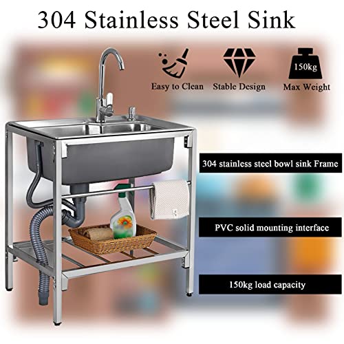 Stainless Steel Sink, 68 * 44cm Standing Kitchen Sink, Portable Handwashing Station with Hot and Cold Faucet Load-bearing 150kg Wash Basin for Laundry Backyard Garage Laundry