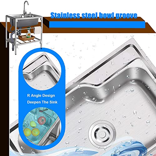 Stainless Steel Sink, 68 * 44cm Standing Kitchen Sink, Portable Handwashing Station with Hot and Cold Faucet Load-bearing 150kg Wash Basin for Laundry Backyard Garage Laundry