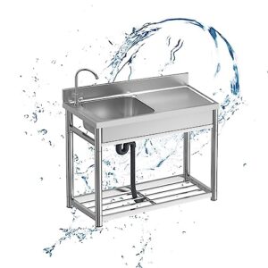 outdoor utility commercial garage sink,indoor kitchen stainless steel sink,with faucet,with storage rack,1 compartment,wear-resistant and smooth, large capacity,for restaurant,basement. (size : 80cm+