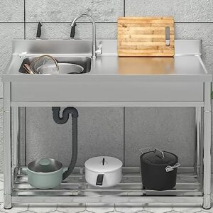 Outdoor utility commercial garage sink,Indoor kitchen Stainless Steel sink,with faucet,with storage rack,1 Compartment,Wear-resistant and smooth, large capacity,for restaurant,Basement. (Size : 80CM+