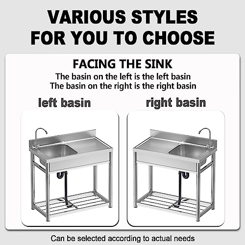 Outdoor utility commercial garage sink,Indoor kitchen Stainless Steel sink,with faucet,with storage rack,1 Compartment,Wear-resistant and smooth, large capacity,for restaurant,Basement. (Size : 80CM+