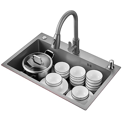 Kitchen Sink, Black Single Bowl Kitchen Sink, Stainless Steel Kitchen Sink, Top Mount (Color : B, Size : 68 * 45cm)