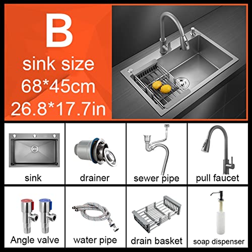 Kitchen Sink, Black Single Bowl Kitchen Sink, Stainless Steel Kitchen Sink, Top Mount (Color : B, Size : 68 * 45cm)