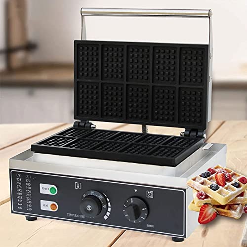 Stainless Steel Square Commercial Waffle Maker Machine,1500W 10pcs Nonstick Electric Waffle Machine With Temperature And Time Control,for Restaurant Bakeries Snack Bar Home ​Us