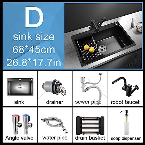 Kitchen Single Bowl Household Sink, Integrated Sink with Pull-Out Tap, Telescopic Drain Basket (Color : D, Size : 68 * 45cm)