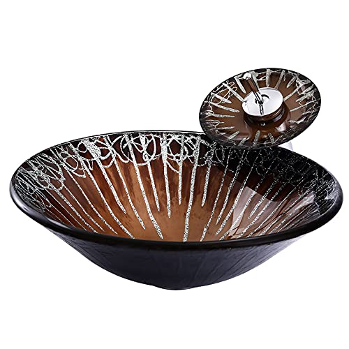 Bathroom Vessel Sink Vanity Tempered Glass Vessel Bowl Sink Round Countertop Sink Bowl with Faucet and Drain Combo Above Counter Sink, Brown with Silver Pattern