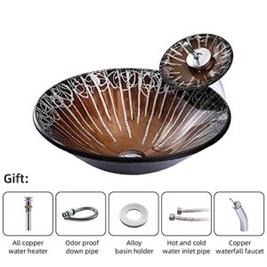 Bathroom Vessel Sink Vanity Tempered Glass Vessel Bowl Sink Round Countertop Sink Bowl with Faucet and Drain Combo Above Counter Sink, Brown with Silver Pattern