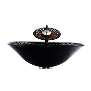 Bathroom Vessel Sink Vanity Tempered Glass Vessel Bowl Sink Round Countertop Sink Bowl with Faucet and Drain Combo Above Counter Sink, Brown with Silver Pattern