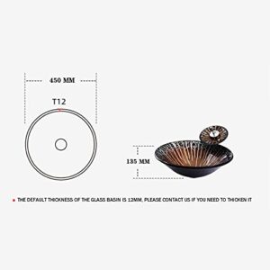 Bathroom Vessel Sink Vanity Tempered Glass Vessel Bowl Sink Round Countertop Sink Bowl with Faucet and Drain Combo Above Counter Sink, Brown with Silver Pattern