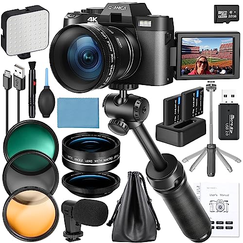 G-Anica 4K Digital Cameras for Photography, 48MP Vlogging Camera for YouTube with Microphone & Tripod Grip, Video Camera with Wide-Angle&Macro Lens, Content Creator Kit & Travel Camera(32GB SD Card)