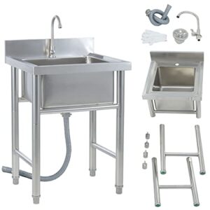 free standing kitchen sink, stainless steel single bowl commercial sink portable outdoor sink with faucet for garage, restaurant, laundry room