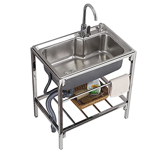 Freestanding Sink, with Faucet Sink Stainless Steel Kitchen, Commercial Movable Dining Sink, Used in Bars, Restaurants, Canteens, Garden Sink, 61×46×75cm