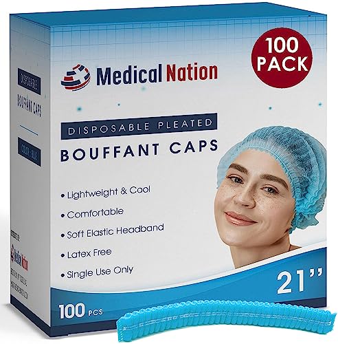 Medical Nation Hair Net, Disposable Pleated Hair Nets | Blue, 100 Count | Bouffant Hair Cap Hair Nets for Food Service, Medical Use - 21" Hairnets for Women & Men- Latex Free with Elastic Band - Blue