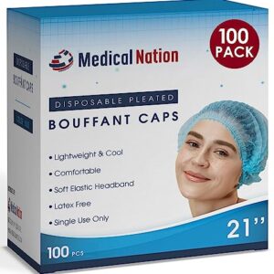 Medical Nation Hair Net, Disposable Pleated Hair Nets | Blue, 100 Count | Bouffant Hair Cap Hair Nets for Food Service, Medical Use - 21" Hairnets for Women & Men- Latex Free with Elastic Band - Blue